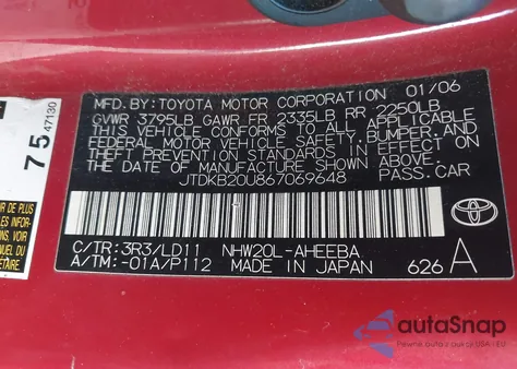 2006 Toyota Prius from USA, damaged, VIN JTDKB20U867069648